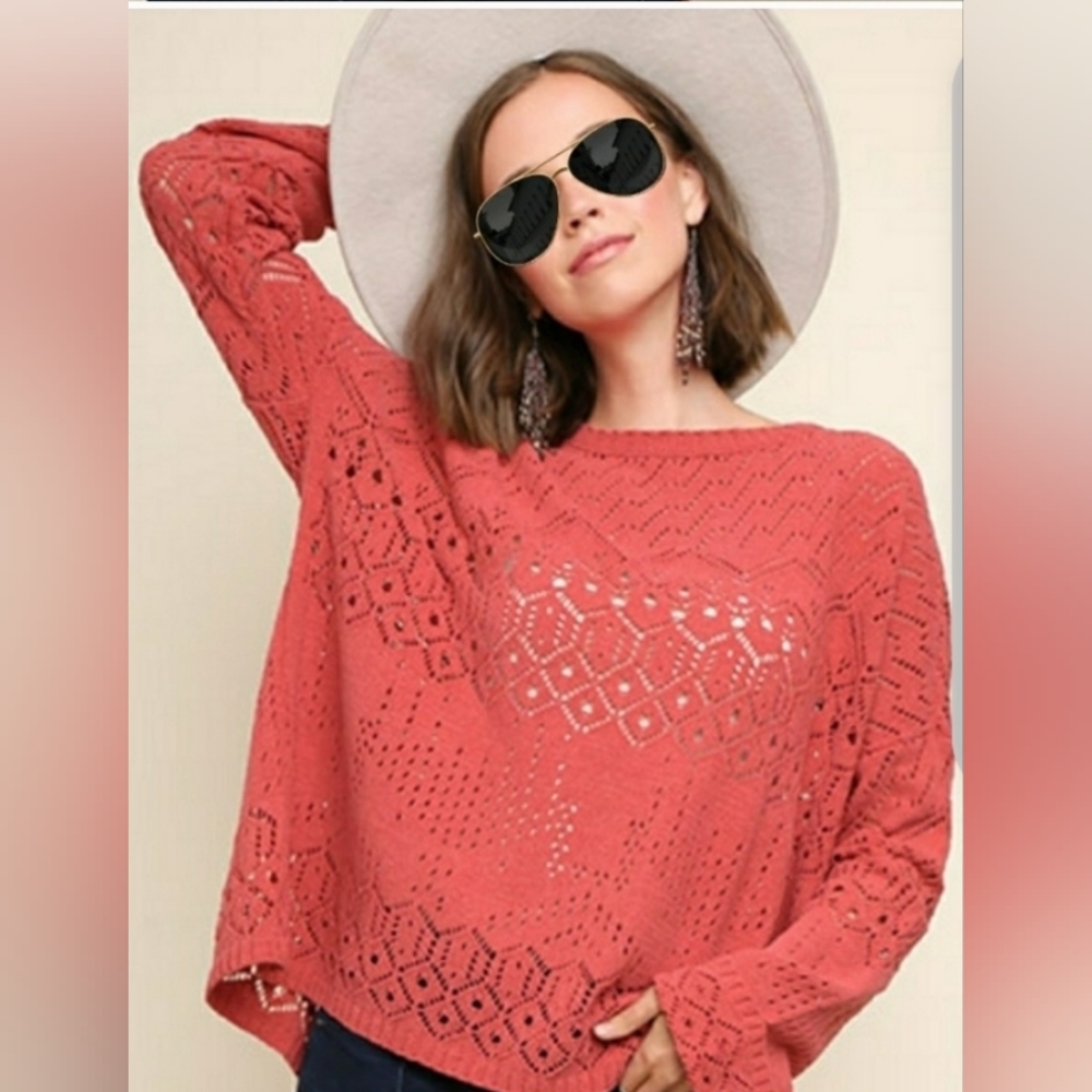 Umgee Soft Open Knit Crochet Cuff Pullover…
